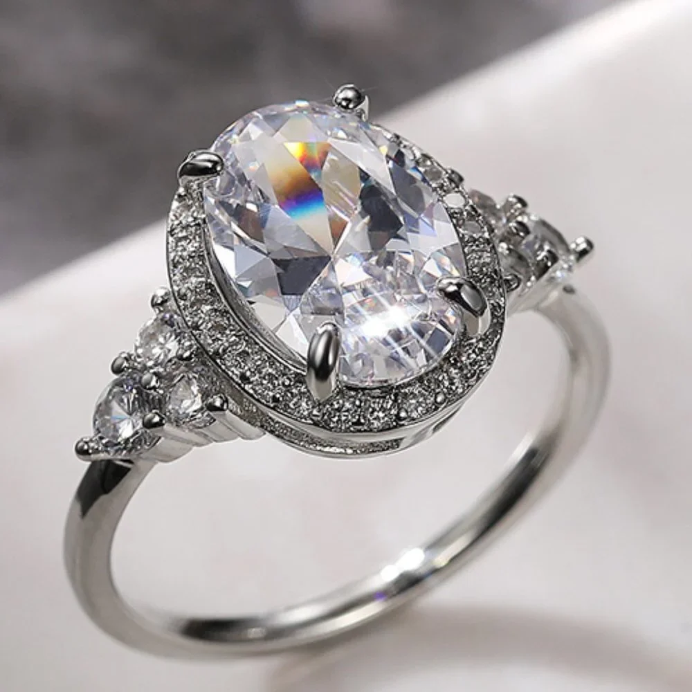 😍Beautiful Noble Oval Pure CZ Macro Pave Silver Wedding Luxury Rings, K936